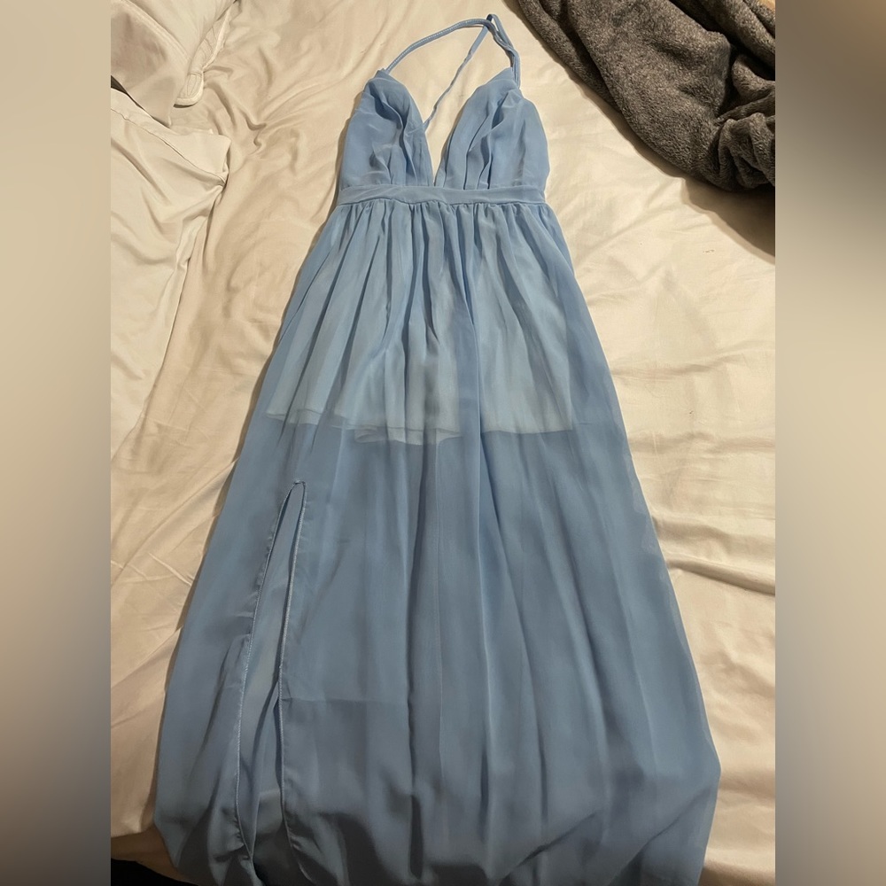 Beautiful long baby blue dress with slit on the side